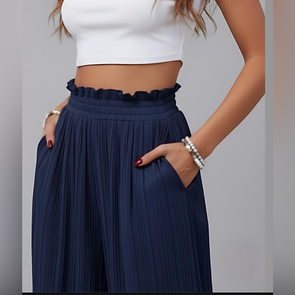 Navy Blue Pleated Paperbag Waist Wide Leg Pants - Picture 2 of 7